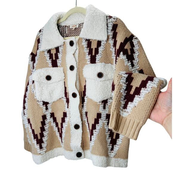 A. Peach Jackets & Blazers - a. peach Tan Ivory Burgundy Southwest Print Button Collared Sweater Jacket S